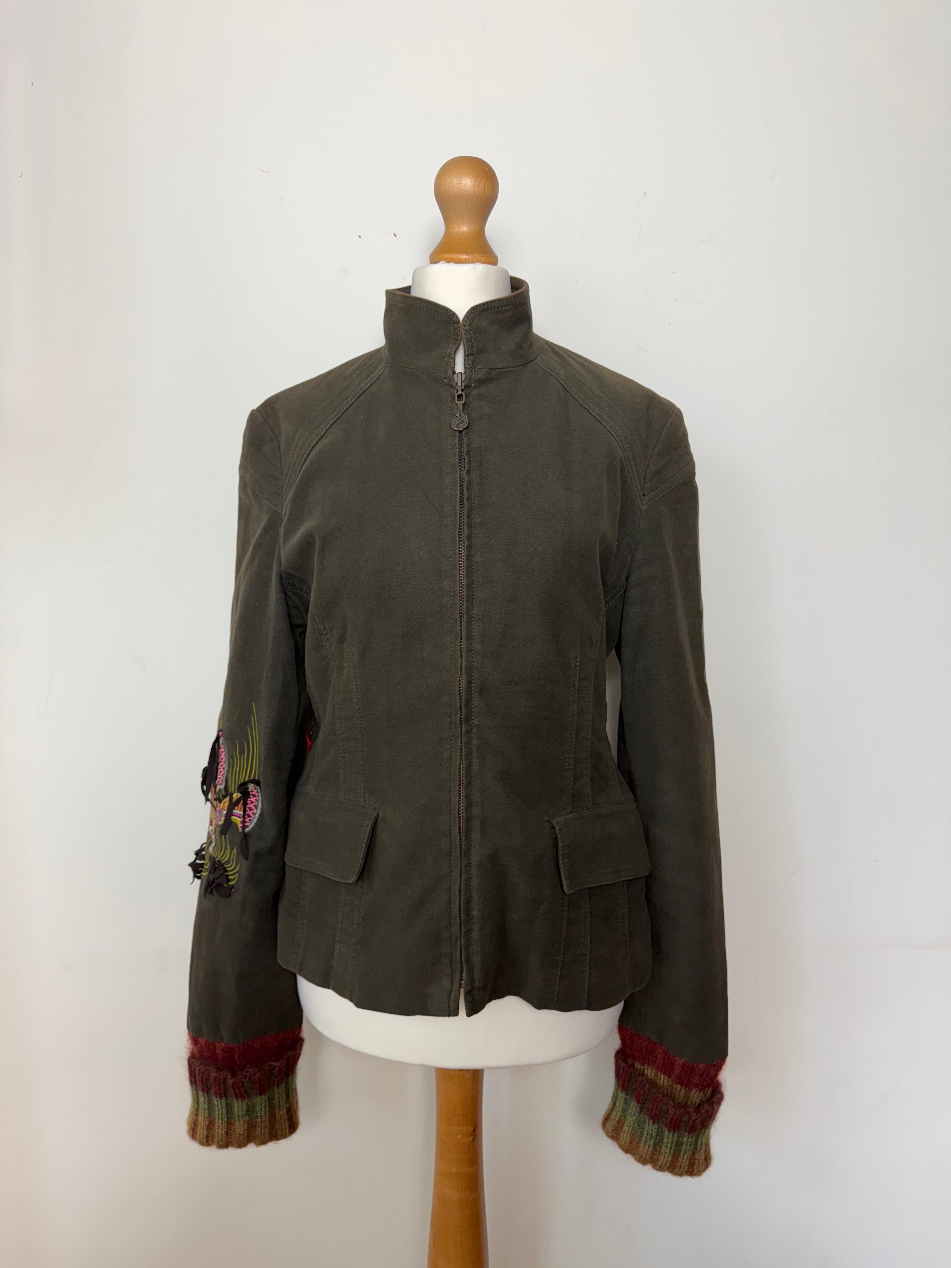 Roberto Cavalli Class Vintage Embroidered Khaki Zip-Up Jacket