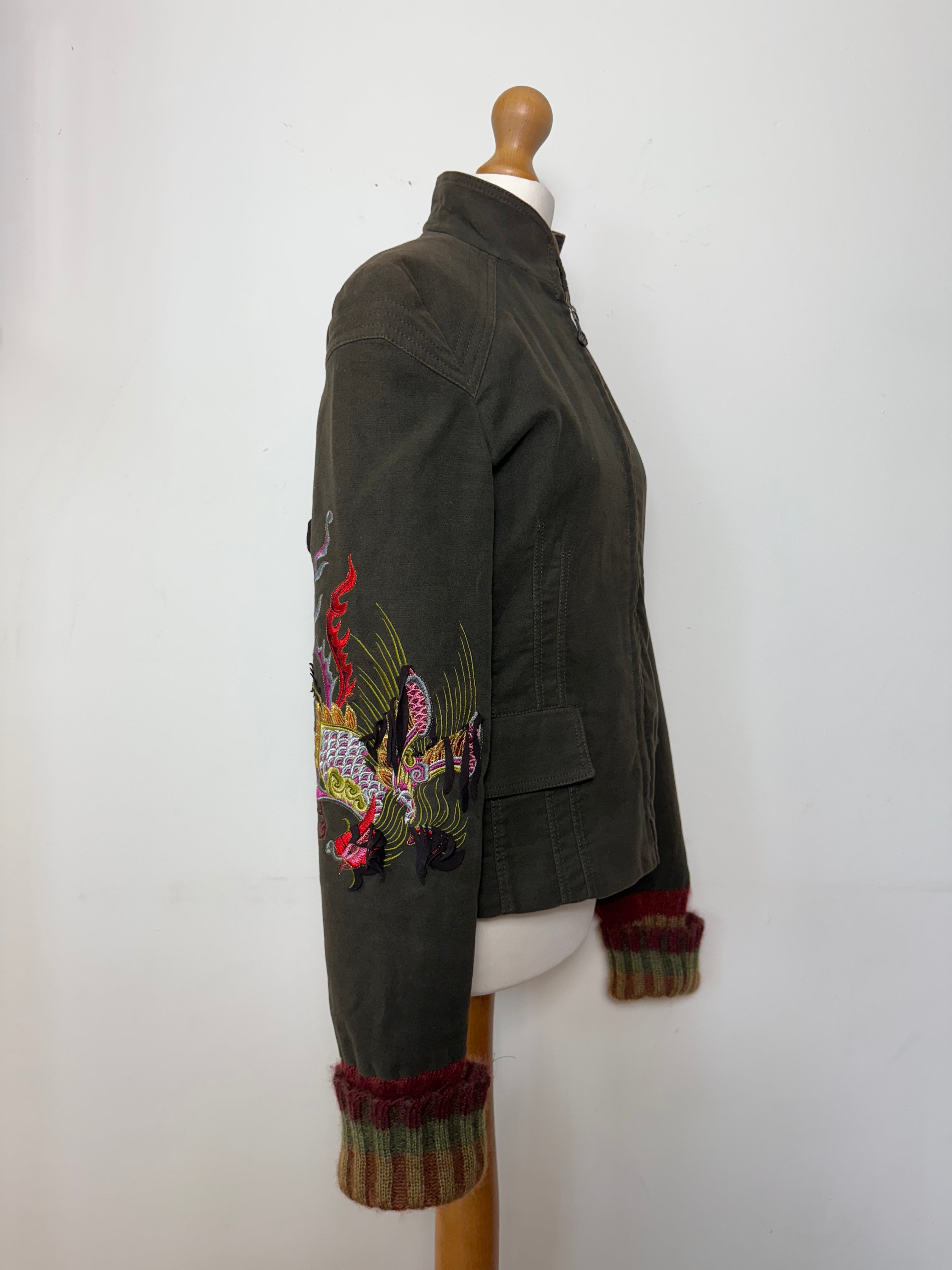 Roberto Cavalli Class Vintage Embroidered Khaki Zip-Up Jacket