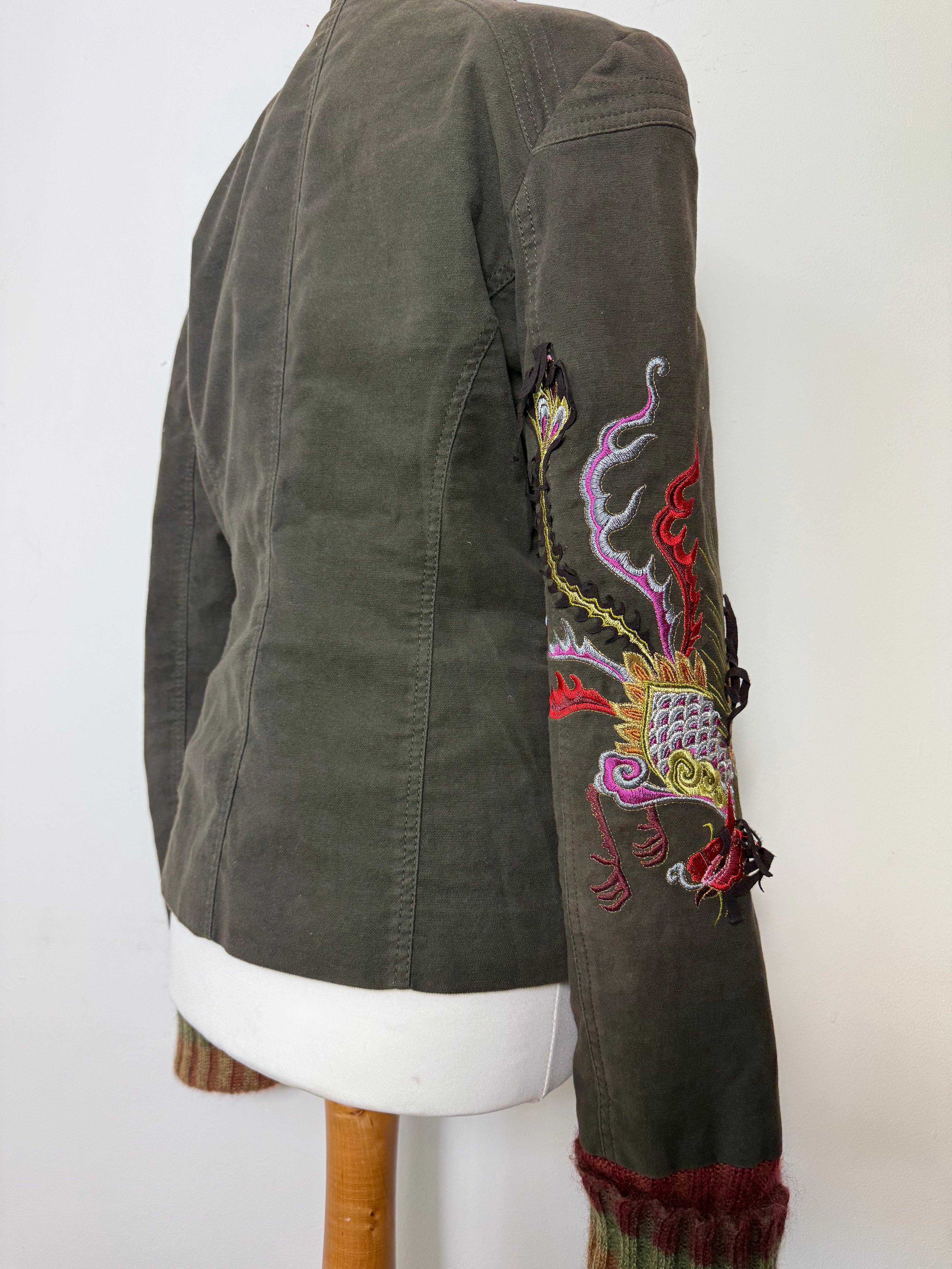Roberto Cavalli Class Vintage Embroidered Khaki Zip-Up Jacket