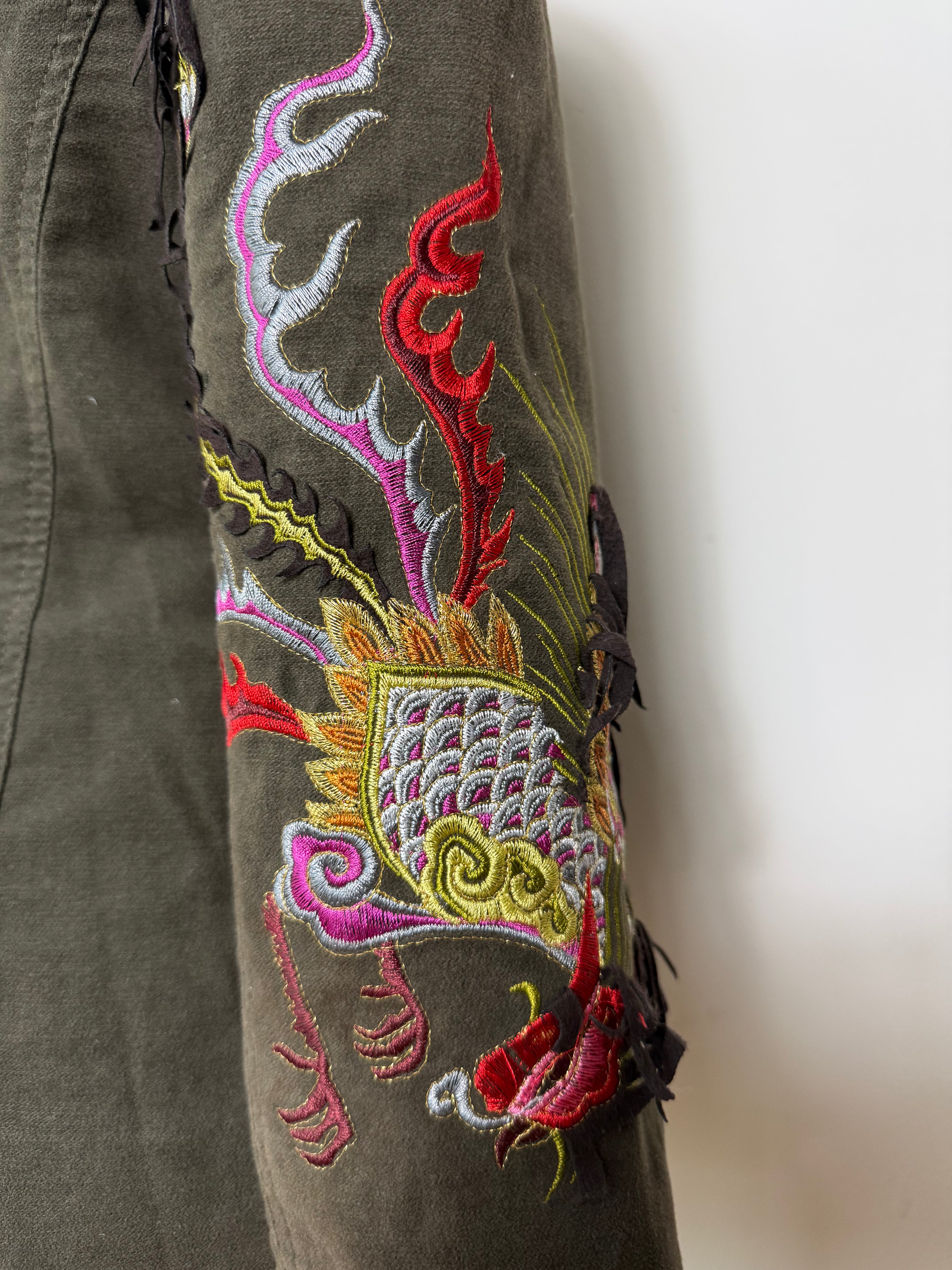 Roberto Cavalli Class Vintage Embroidered Khaki Zip-Up Jacket