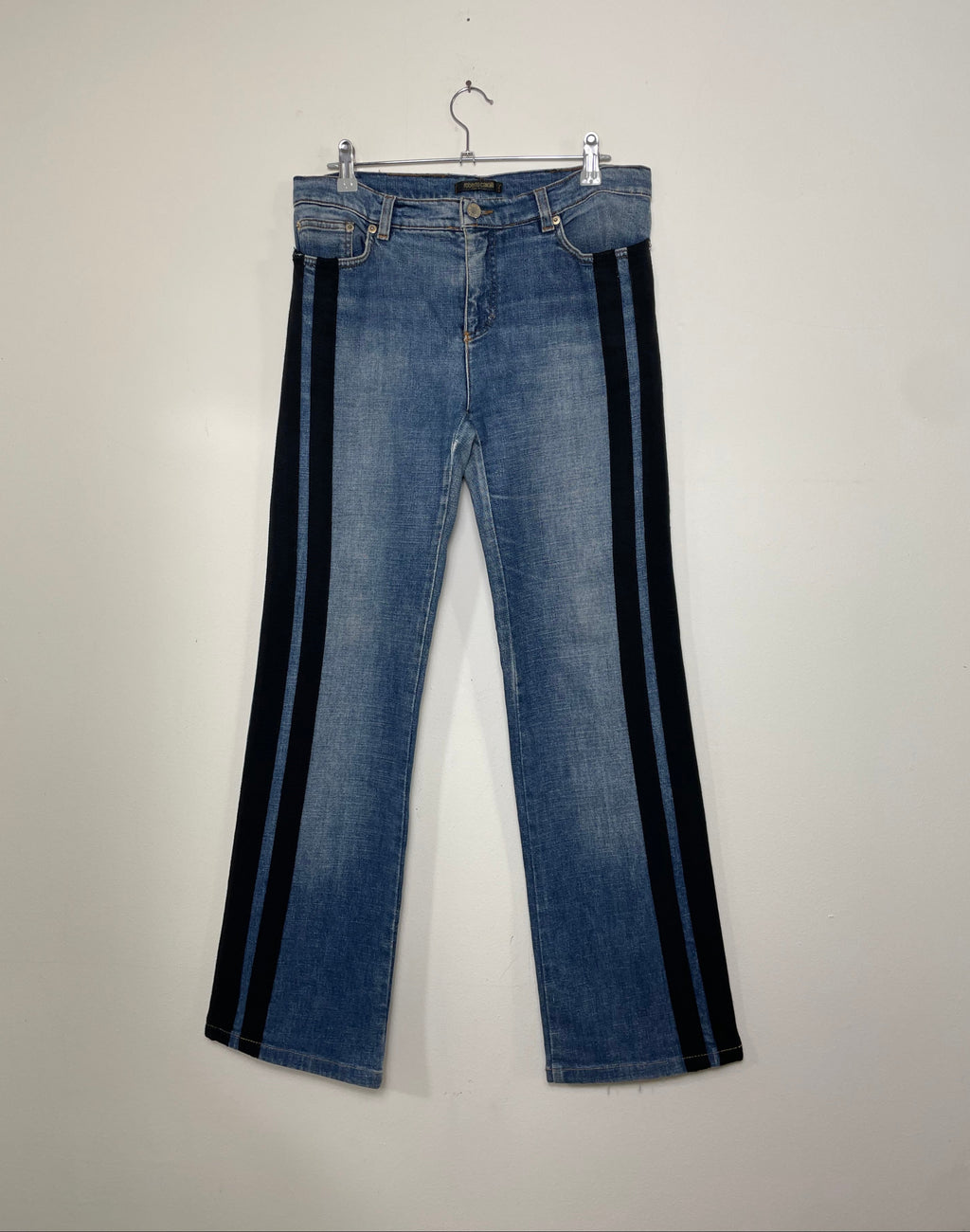 Roberto Cavalli Straight-Leg Denim Jeans with Black Parallel Stripes