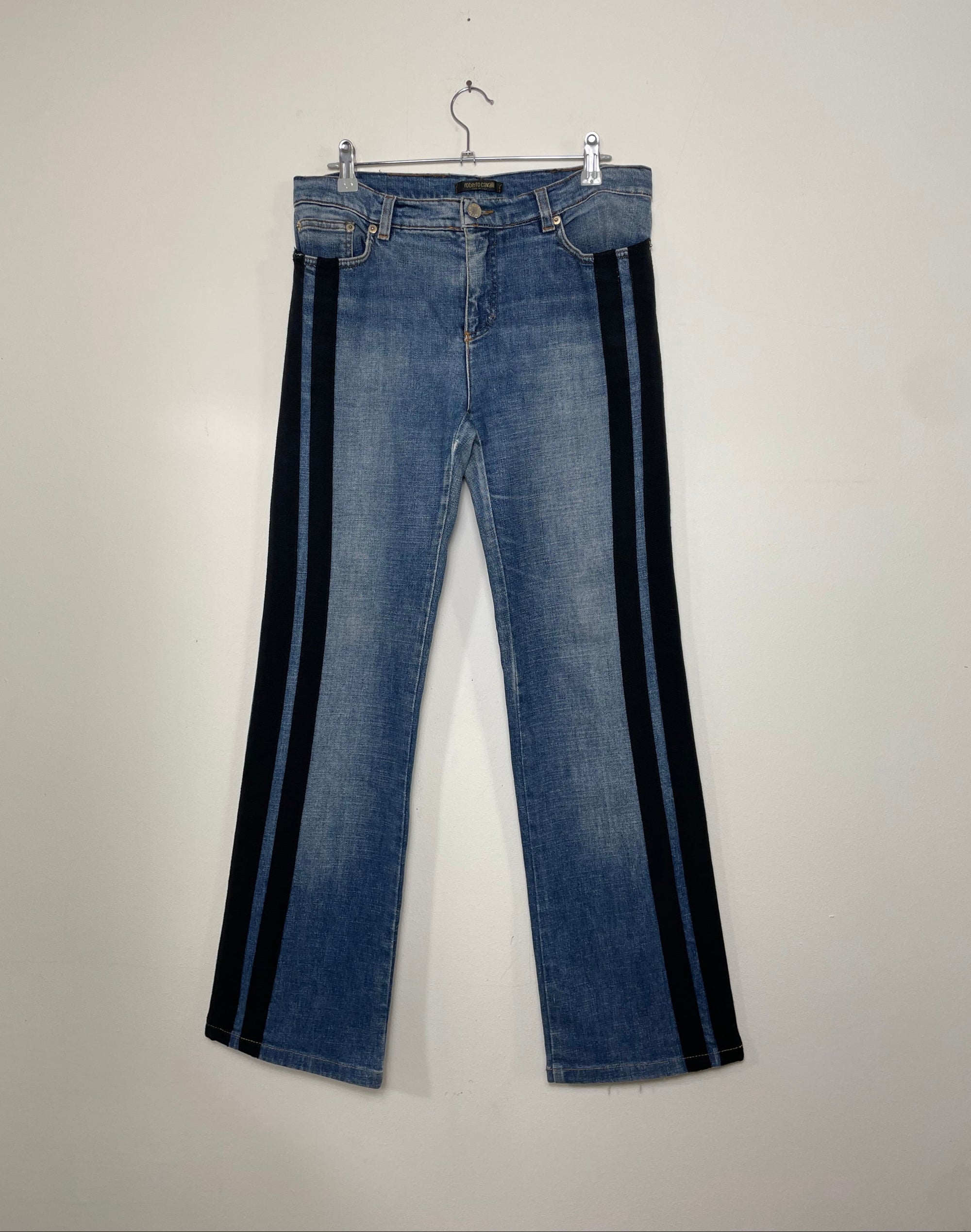 Roberto Cavalli Straight-Leg Denim Jeans with Black Parallel Stripes
