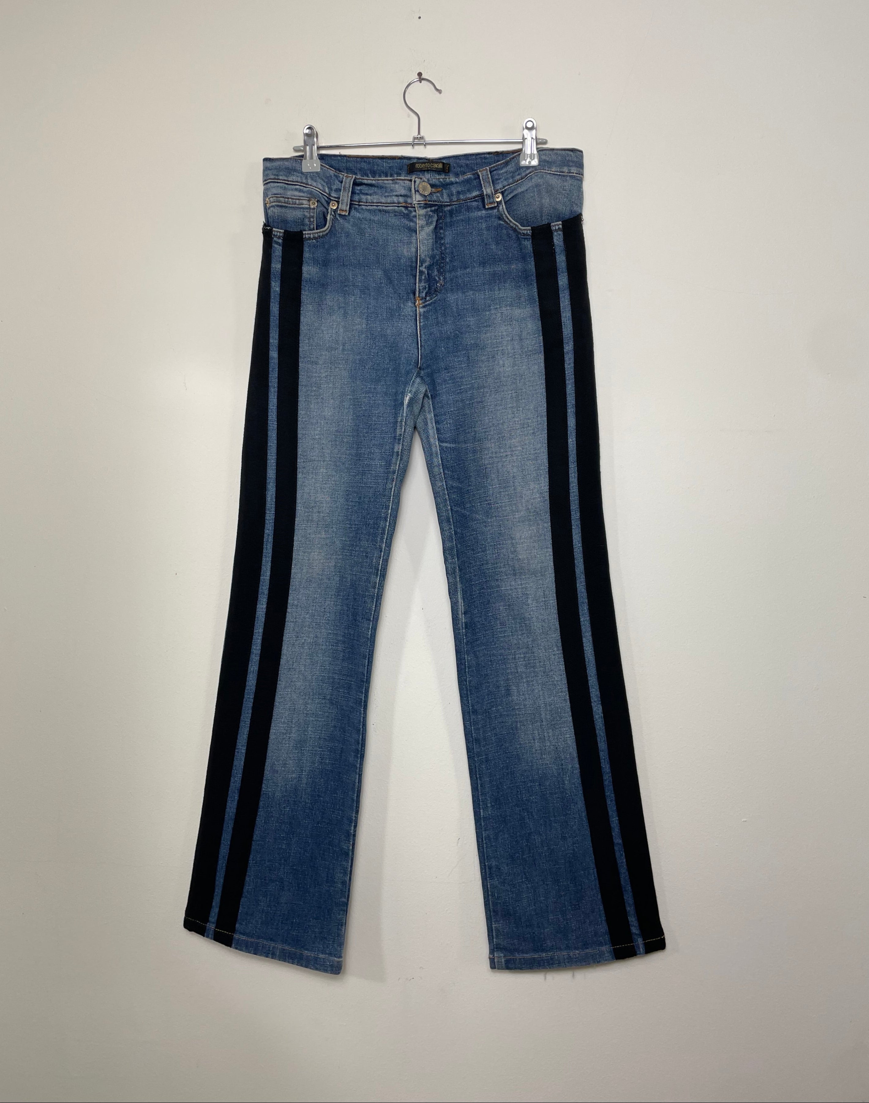 Roberto Cavalli Straight-Leg Denim Jeans with Black Parallel Stripes