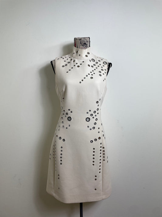 Thierry Mugler 2015 Cream High Neck Grommet Mini Dress