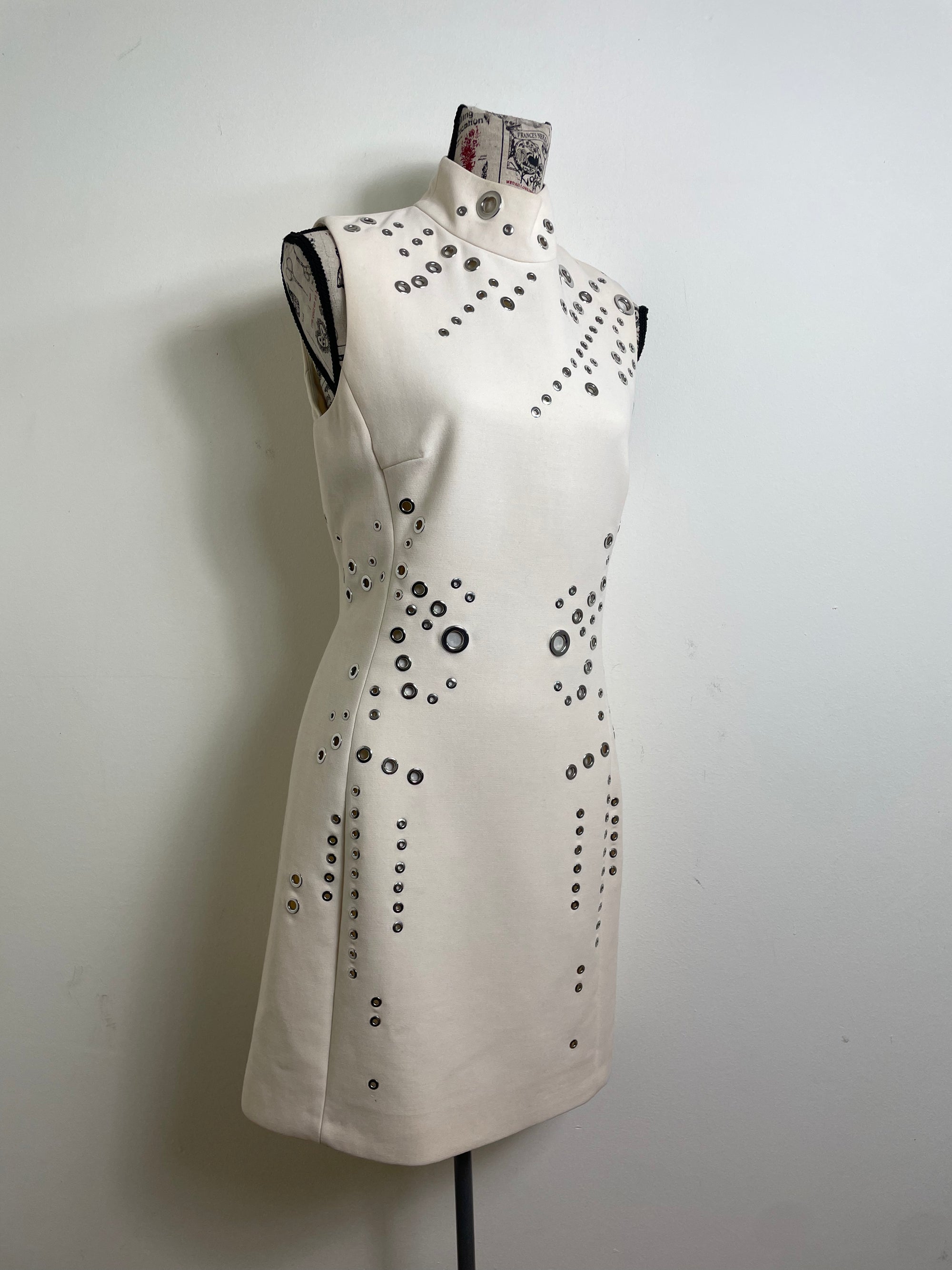 Thierry Mugler 2015 Cream High Neck Grommet Mini Dress