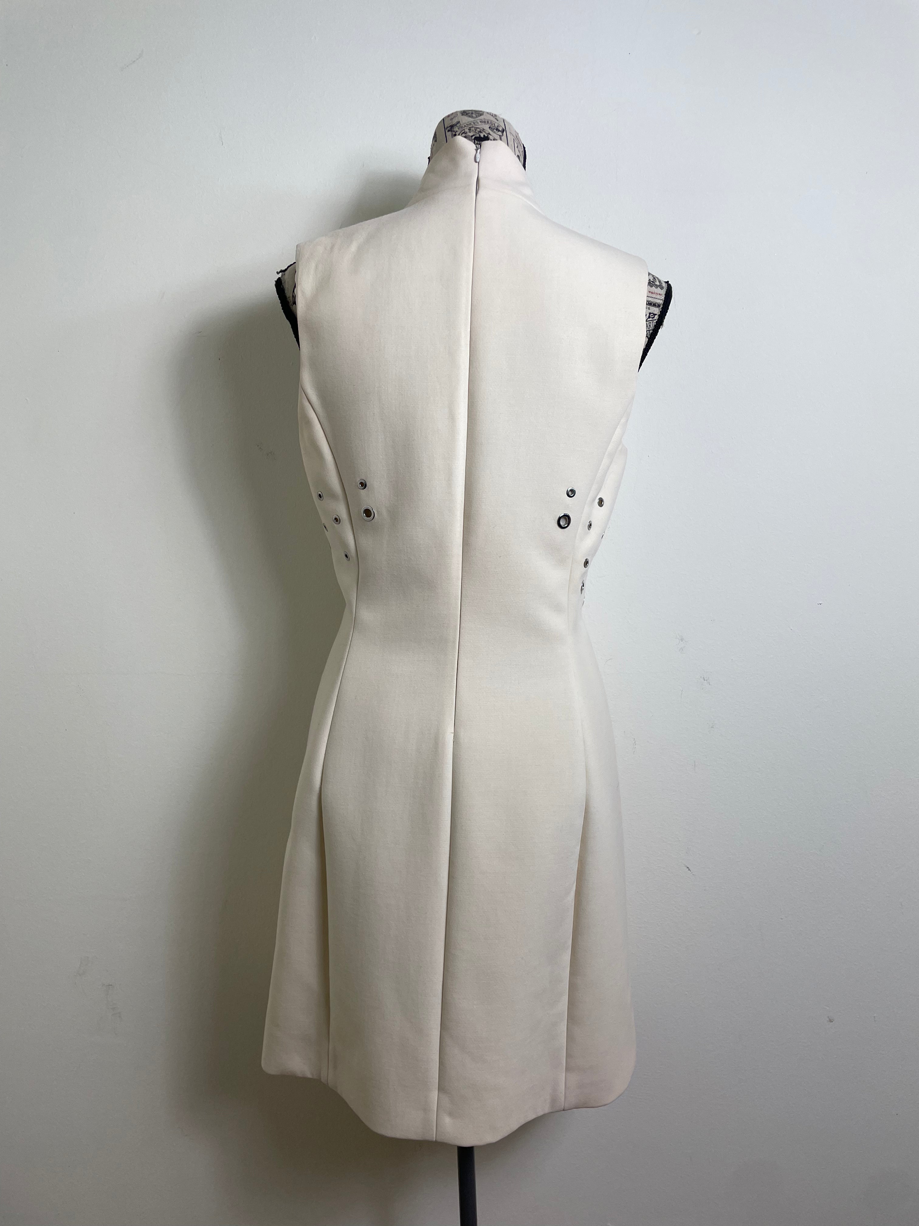 Thierry Mugler 2015 Cream High Neck Grommet Mini Dress