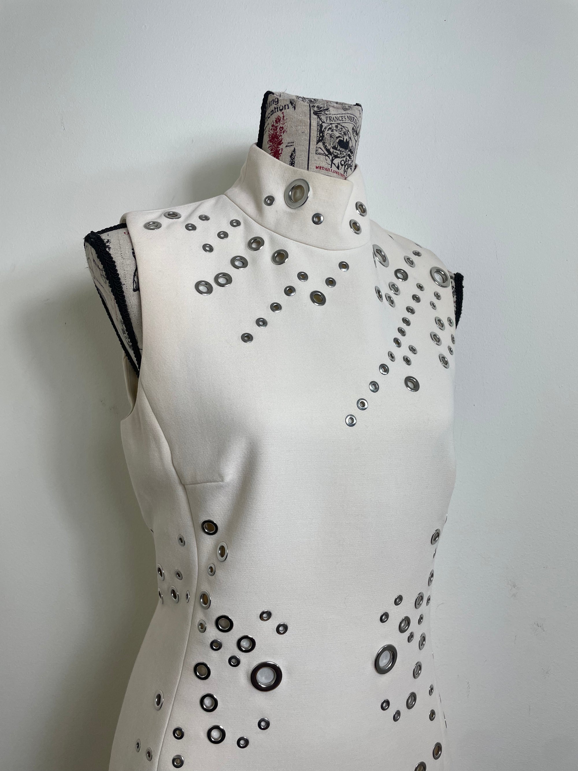 Thierry Mugler 2015 Cream High Neck Grommet Mini Dress
