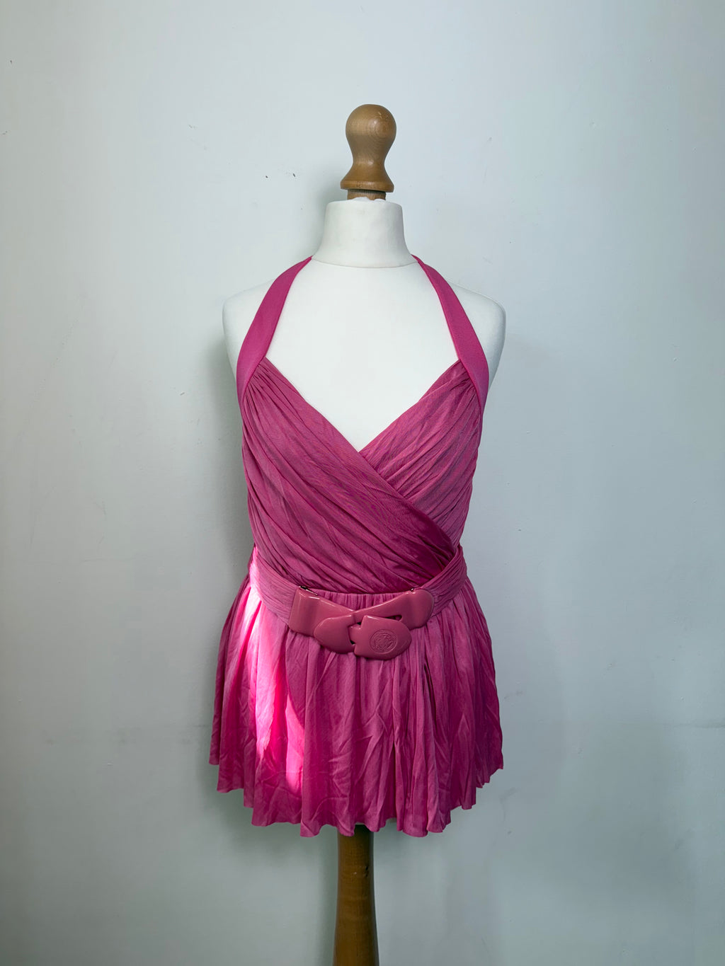 Versace Pink Halterneck Belted Peplum Top
