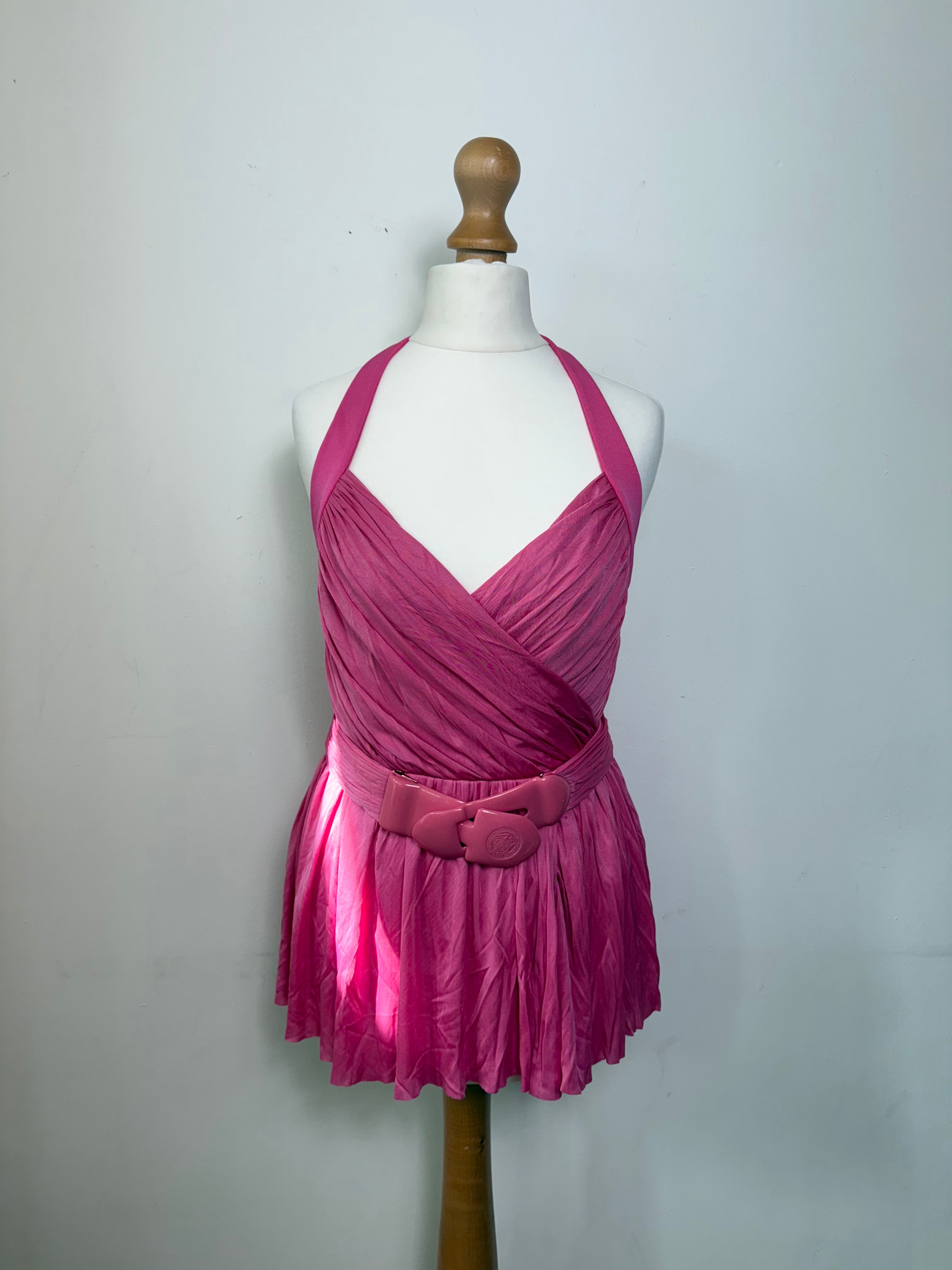Versace Pink Halterneck Belted Peplum Top