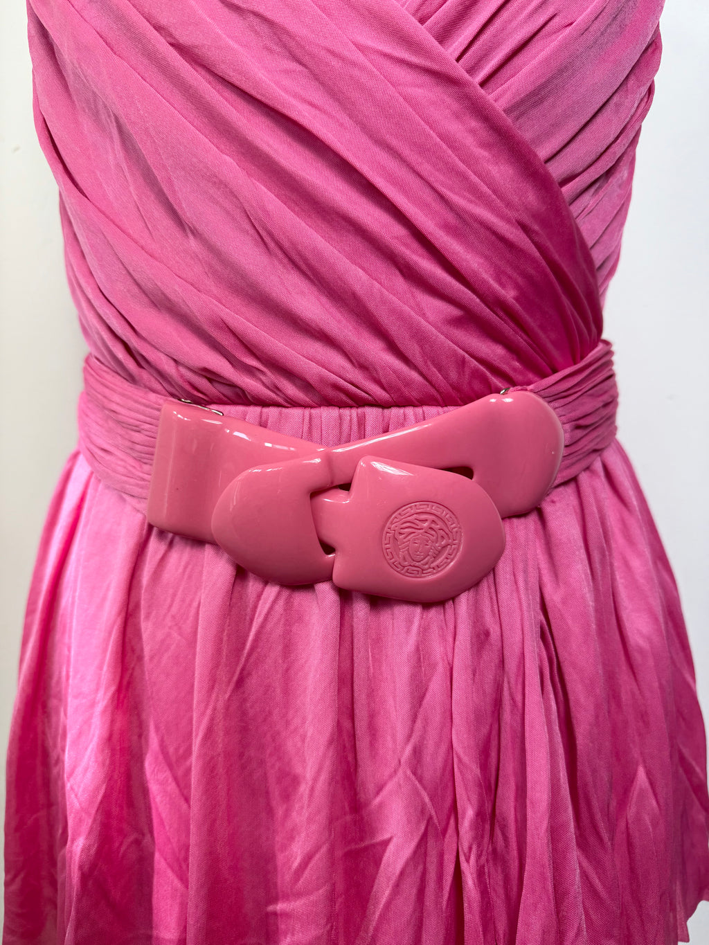 Versace Pink Halterneck Belted Peplum Top
