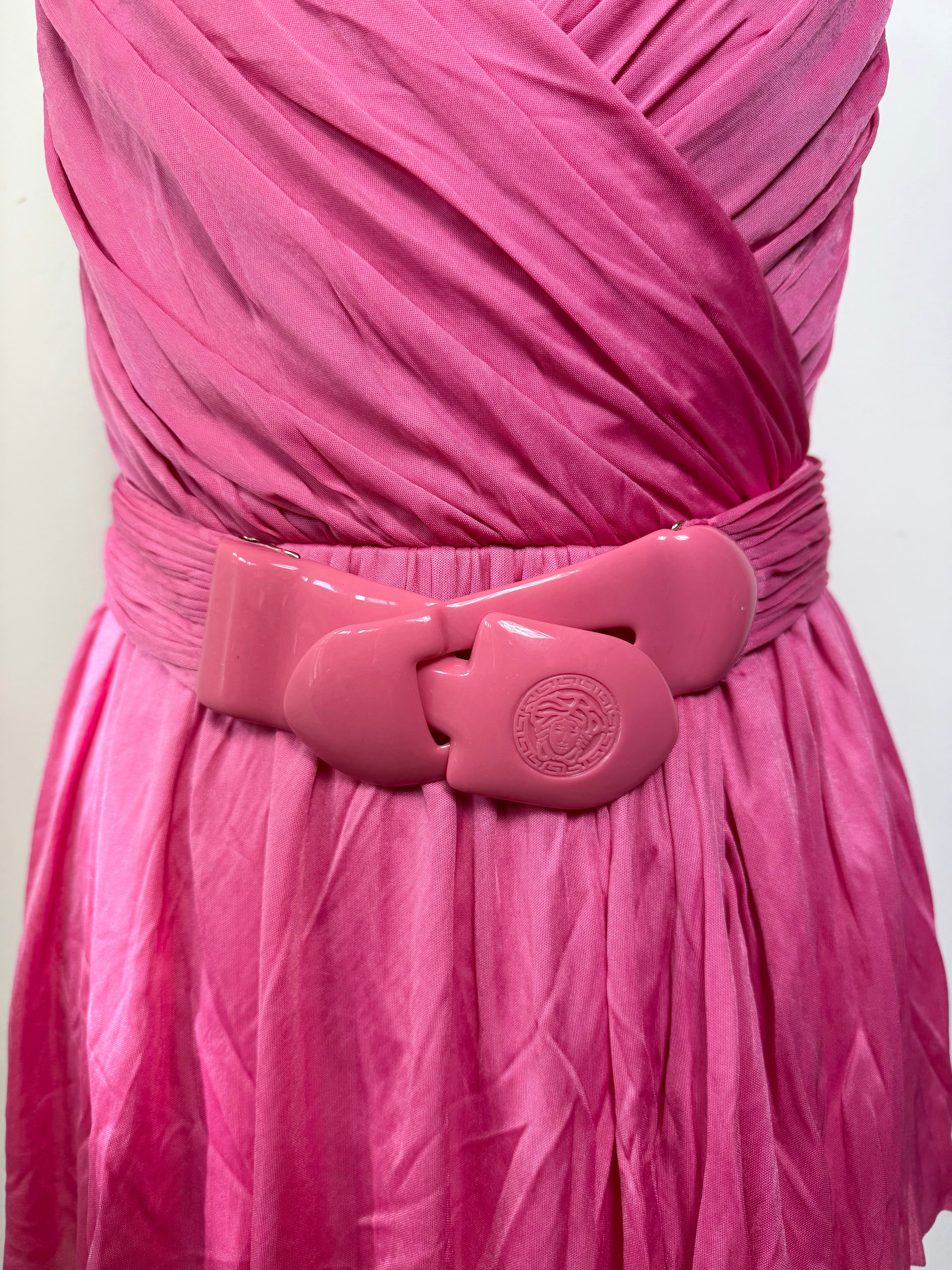 Versace Pink Halterneck Belted Peplum Top