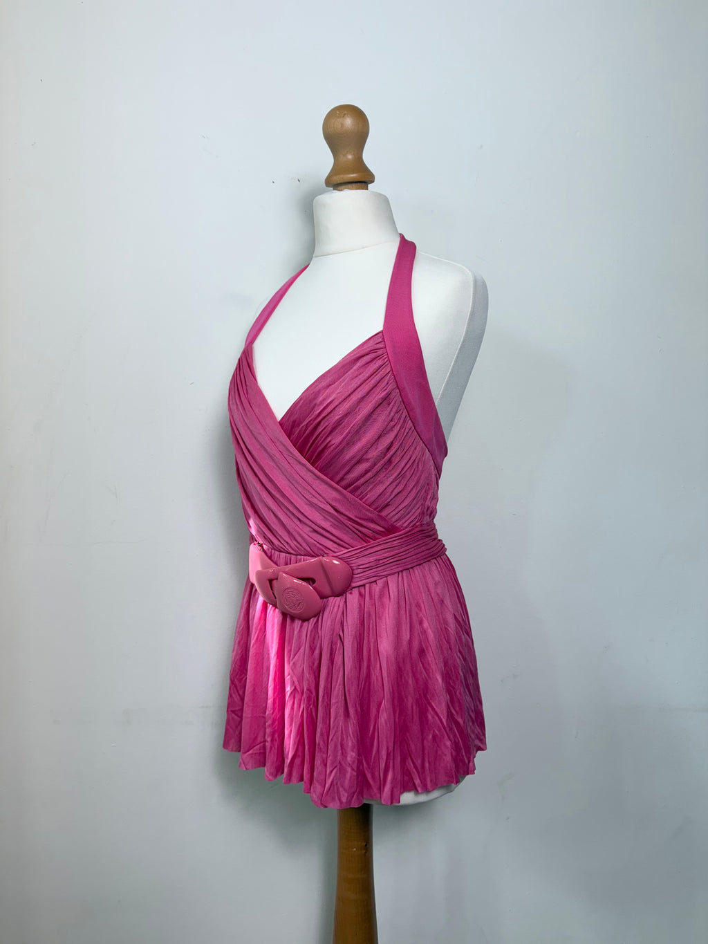 Versace Pink Halterneck Belted Peplum Top
