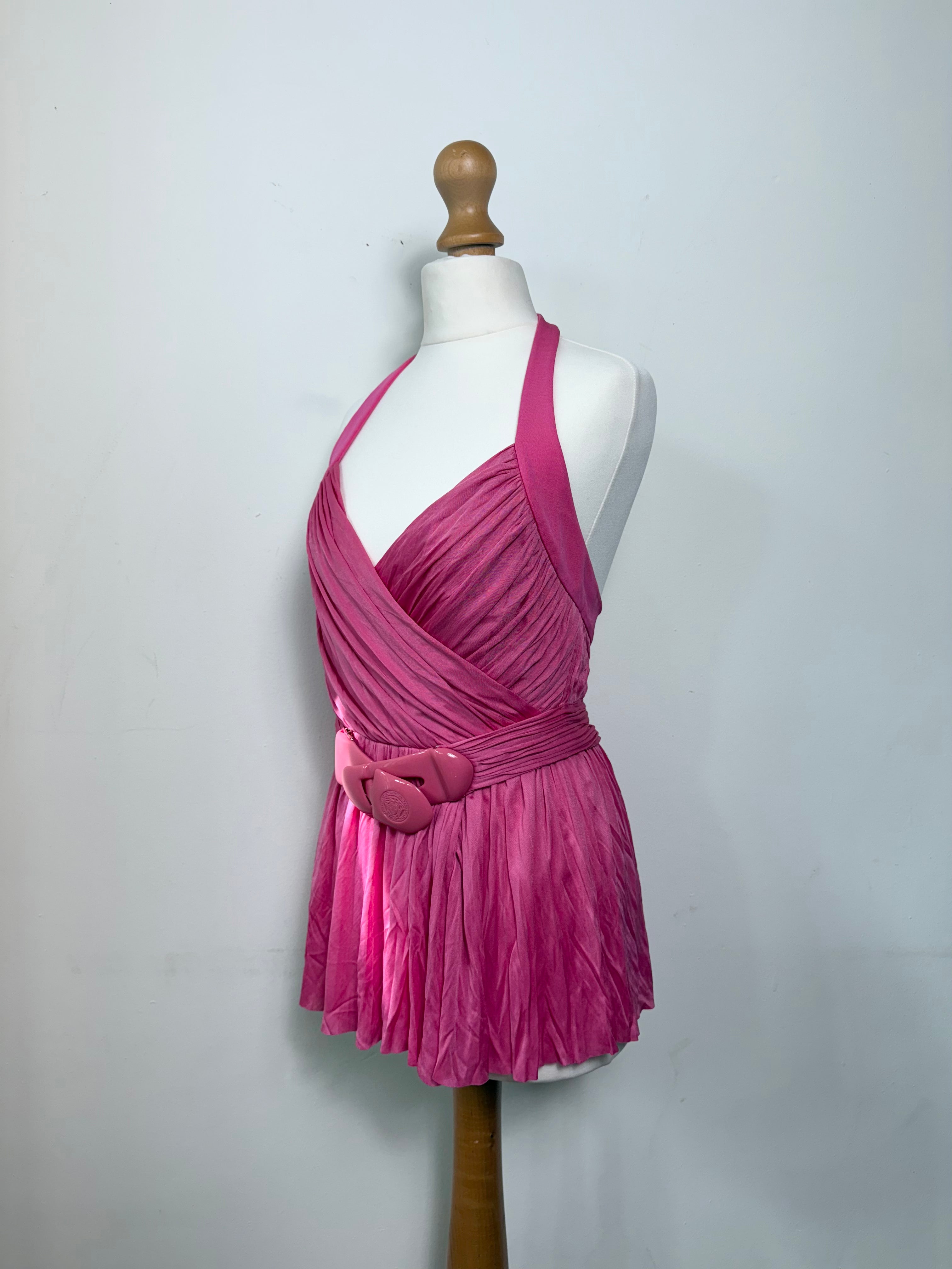 Versace Pink Halterneck Belted Peplum Top