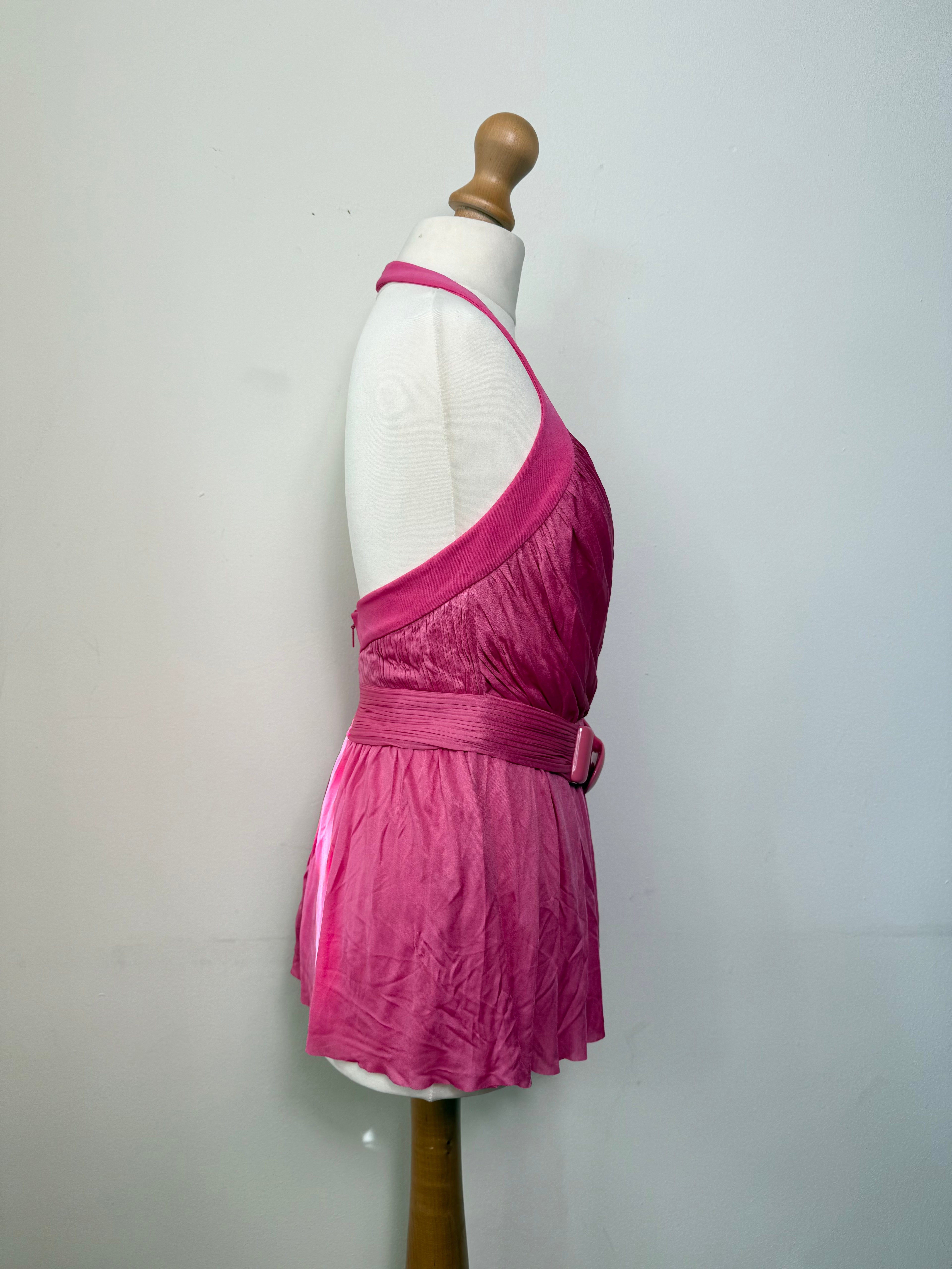 Versace Pink Halterneck Belted Peplum Top